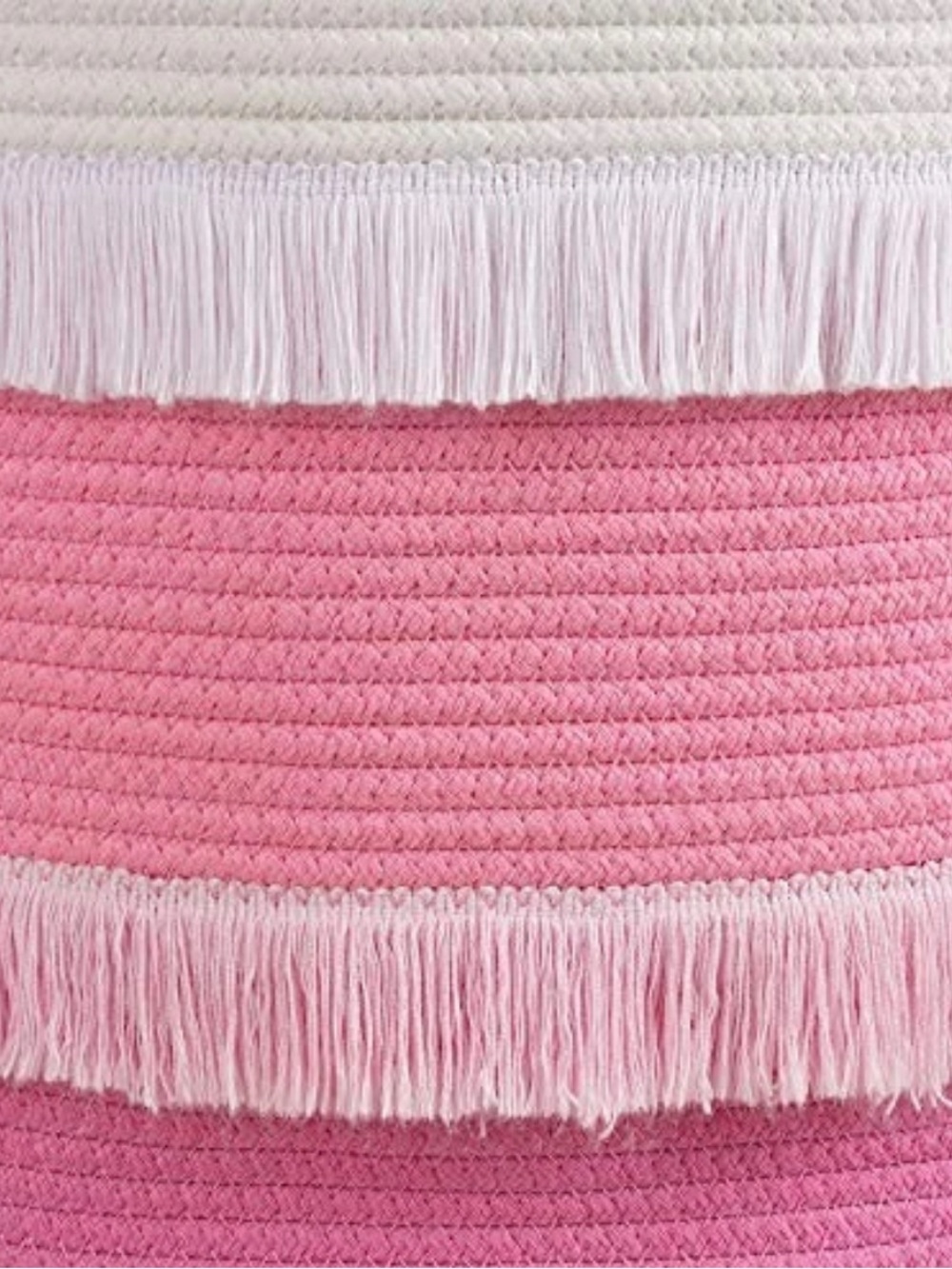 Pink & White Fringed Large Rope Basket - 16"x13" Decorative Woven Basket - Picture 4 of 11